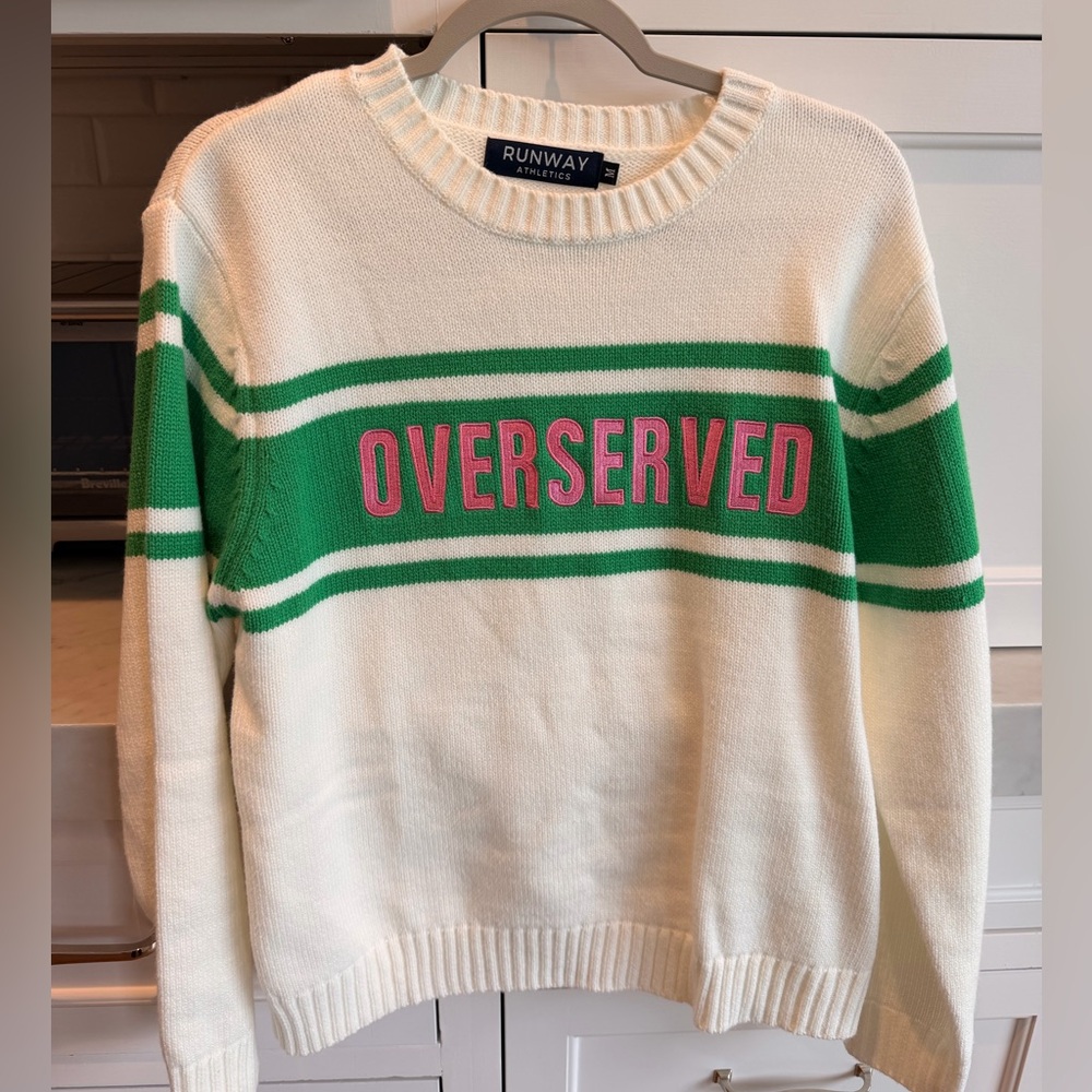 Runway Athletics "OVERSERVED" Green & Pink Striped Sweater, worn once, size M